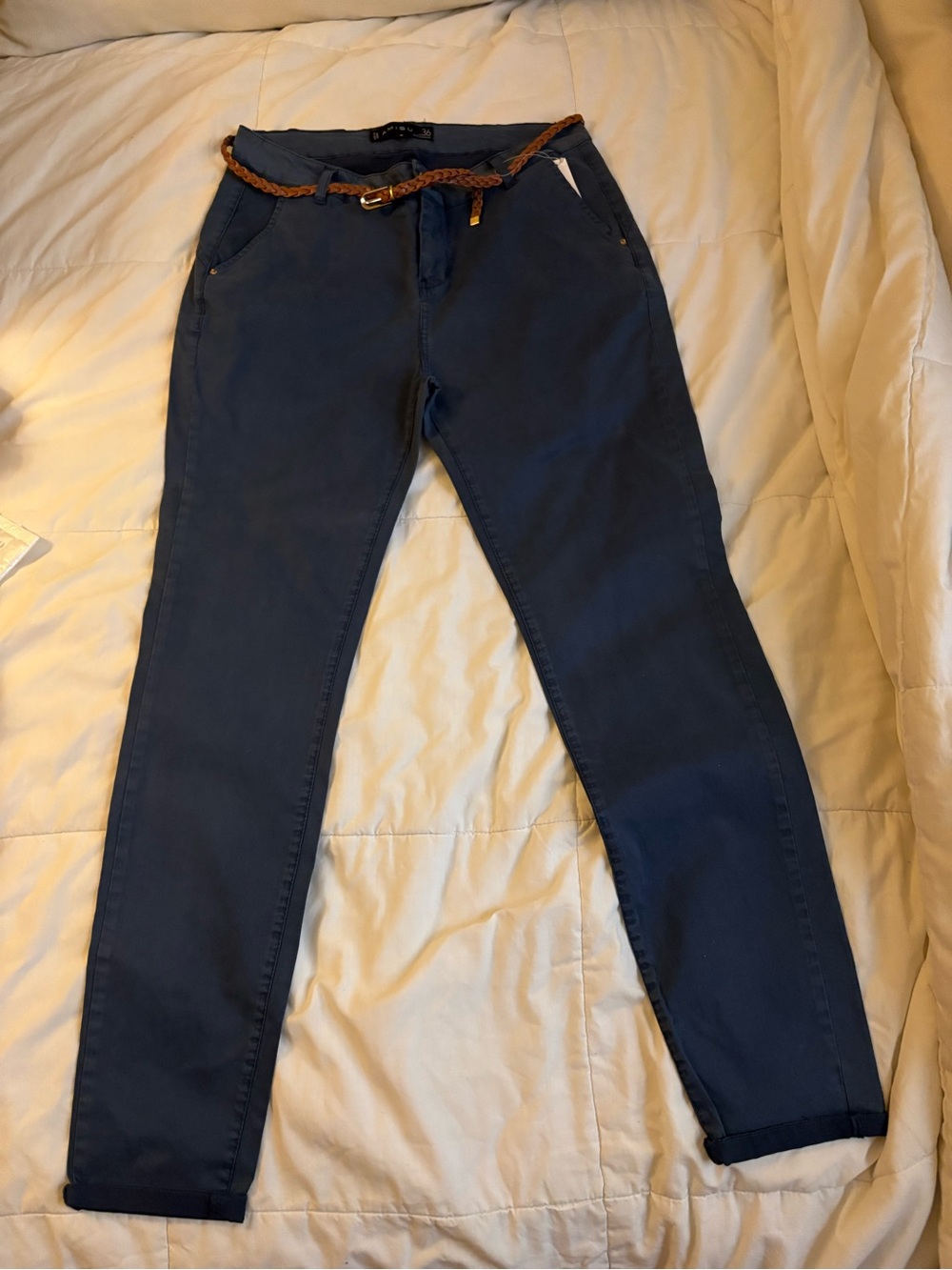 Amisu Navy Skinny pants with Braided Brown Belt